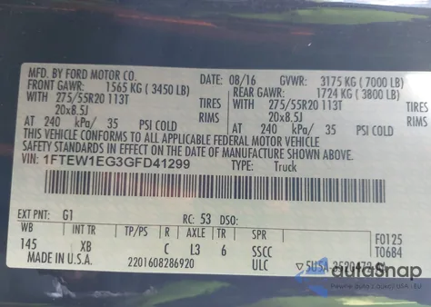 2016 Ford F-150 Xlt from USA, damaged, VIN 1FTEW1EG3GFD41299